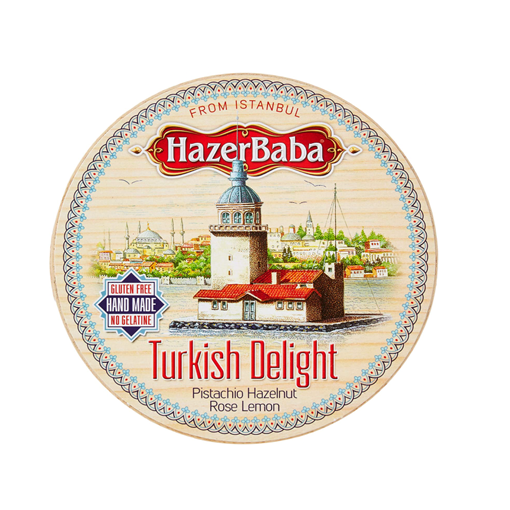 Hazer Baba Turkish Delight Assorted Wooden Drum Rose, Lemon, Pistachio, Hazelnut 454g