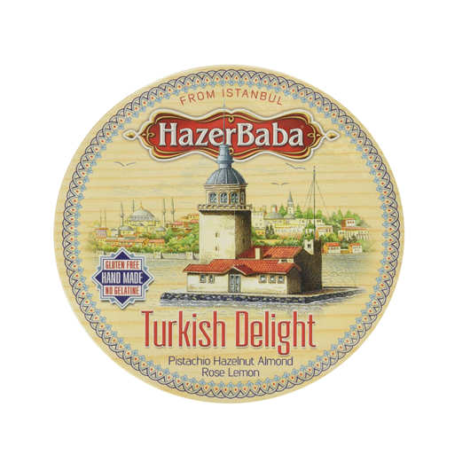 Hazer Baba Turkish Delight Assorted Wooden Drum Rose, Lemon, Pistachio, Almond & Hazelnut 250g
